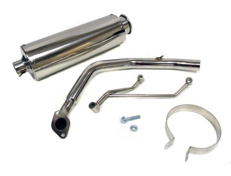 Close-up of the Round Stainless Steel Exhaust Kit for 125cc and 150cc Scooters, showcasing the muffler and metal pipe components.