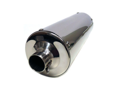 Close-up of the Round Stainless Steel Exhaust Kit for 125cc and 150cc Scooters, highlighting the durable muffler and metal pipe components.