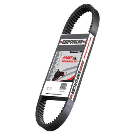 EF3024 Enforcer Drive Belt for Snowmobiles, close-up of the belt with a label, showcasing its reinforced rubber compounds and Aramid fibers, designed for high performance by Dayco.