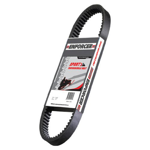 EF3026 Enforcer Drive Belt for Snowmobiles, featuring a label, shown in a close-up view highlighting its detailed texture and robust construction.