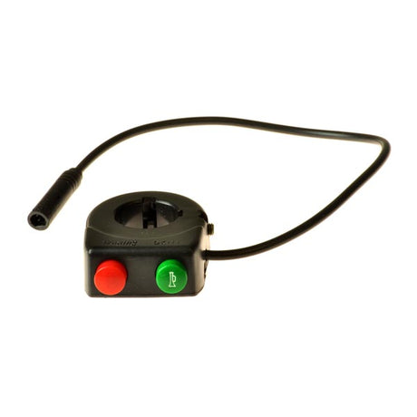 Multi-Control Switch for Electric Bike Conversion Kits featuring a black switch with red and green buttons, designed for horn and electric cruise control, shown in a close-up view.