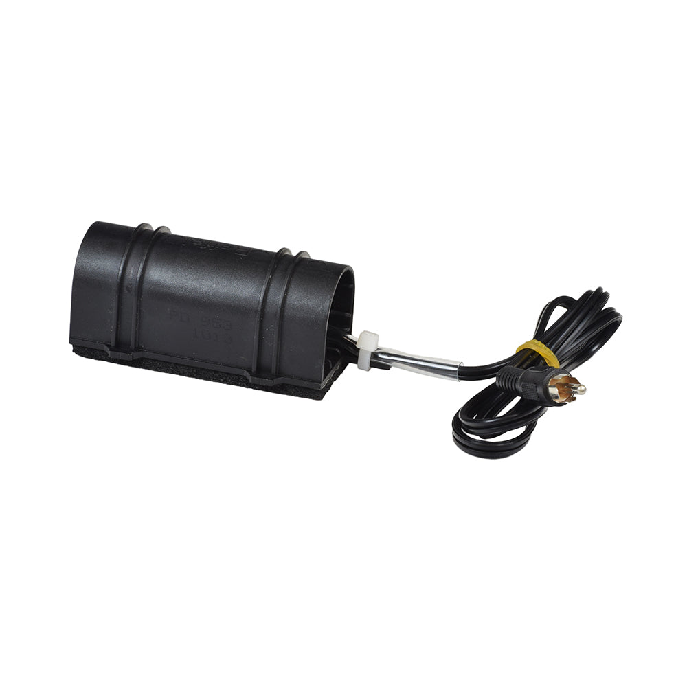 Electric Vibrator Massage Motor for Pride Lift Chairs (HMGMASG1007 / ELE121691), featuring a black tube with a wire, a black cap, and a connected black cable secured by a yellow rubber band.