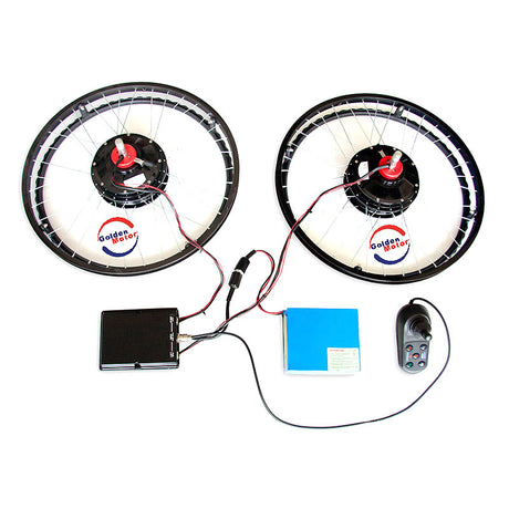 Electric Wheelchair Conversion Kit showing a pair of 24 wheels connected to a battery with wires, highlighting the brushless hub motors and controller module designed for DIY power chair assembly.