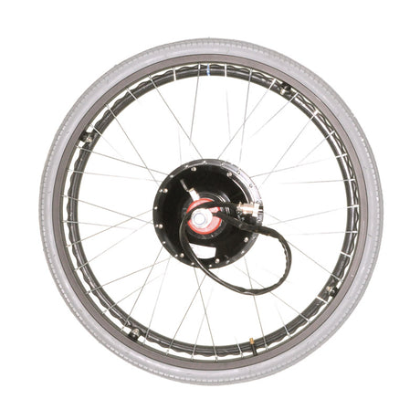 Electric Wheelchair Conversion Kit featuring a close-up of a 24 bicycle wheel with spokes and tire, part of the kit's hub motor assembly for building a custom power chair.