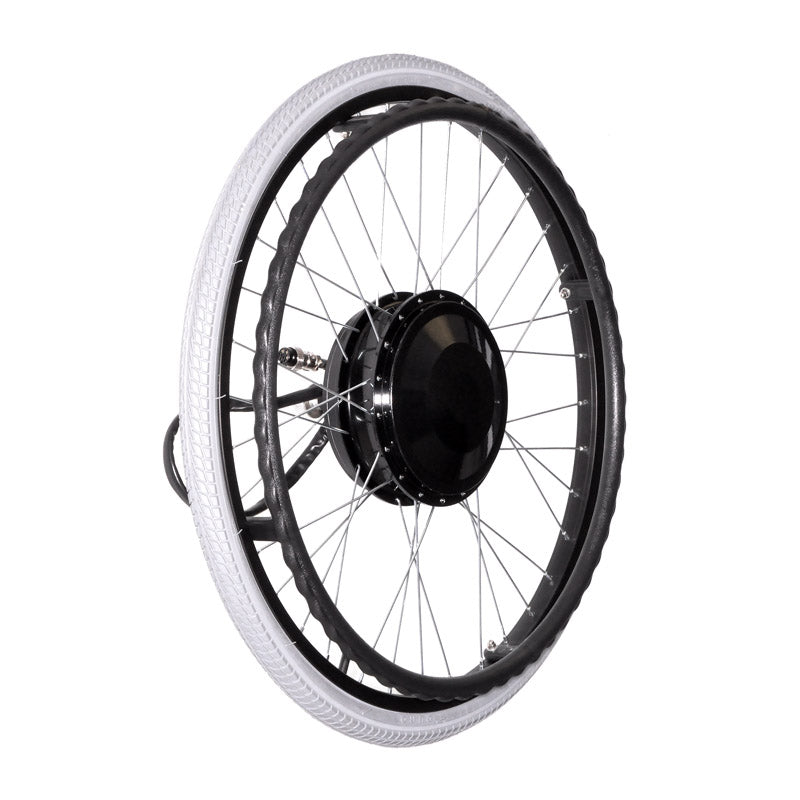 Electric Wheelchair Conversion Kit featuring a 24 white tire with black rim, part of a set including brushless hub motors for DIY electric wheelchair construction.