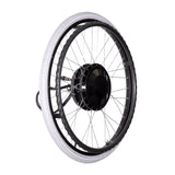 Electric Wheelchair Conversion Kit featuring a 24 white tire with black rim, part of a set including brushless hub motors for DIY electric wheelchair construction.