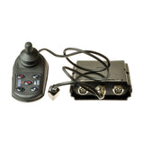 Electric Wheelchair Conversion Kit featuring a black remote control with attached cable, essential for maneuvering the wheelchair’s brushless hub motors and ensuring smooth operation.