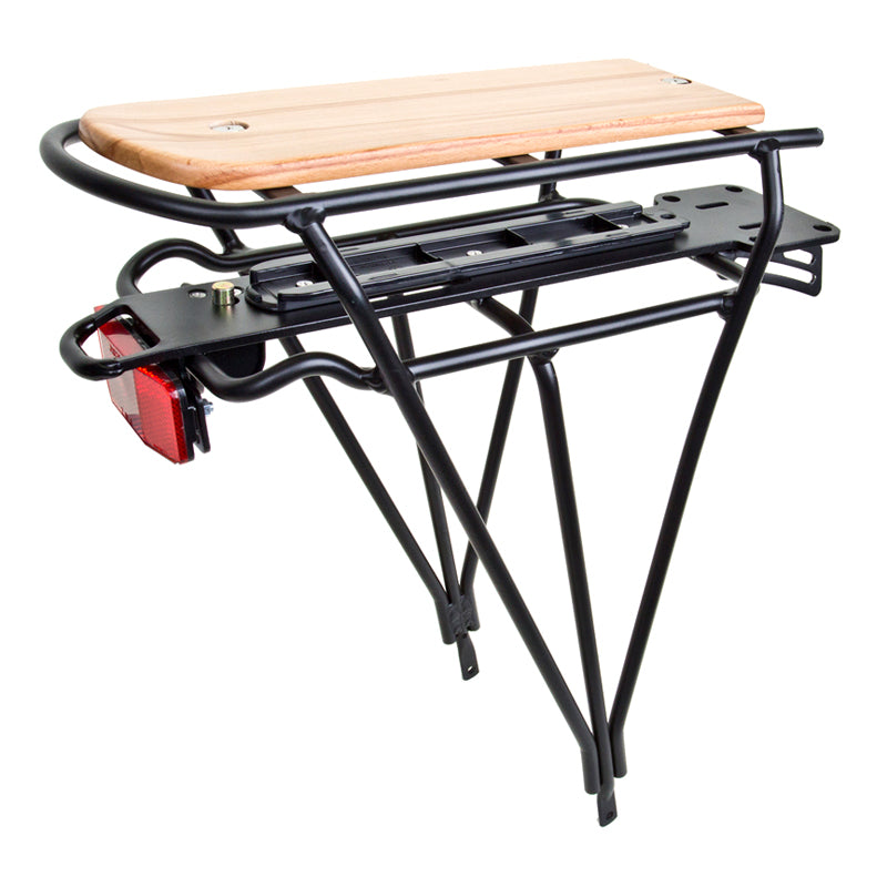 Electro Wooden Bicycle Rack by Sunlite, featuring a sturdy wood platform over a rear wheel battery rack, close-up of a wood board, and a red tail light with integrated reflector.