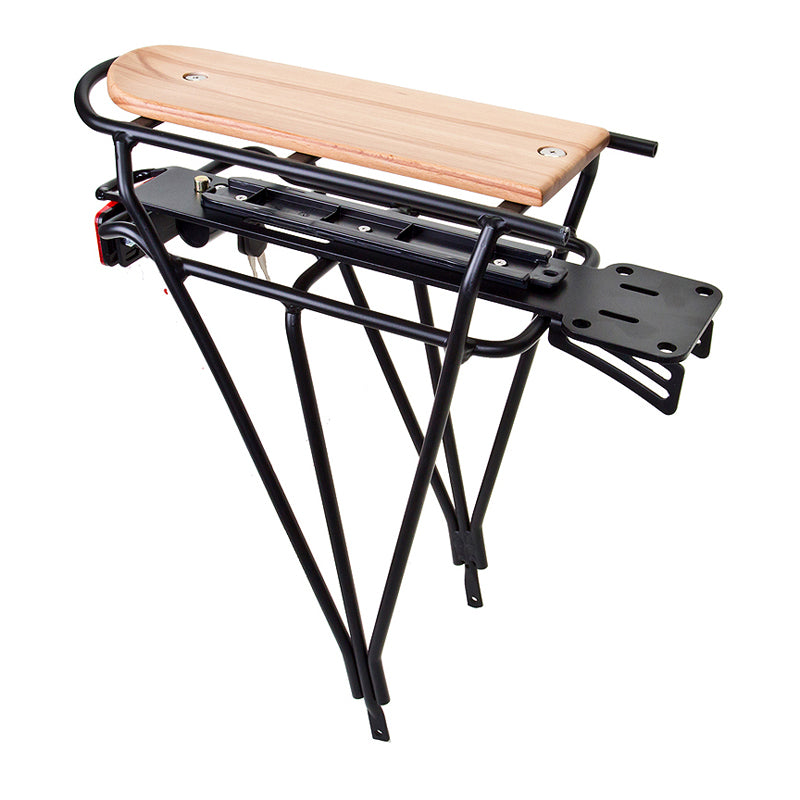 Electro Wooden Bicycle Rack from Sunlite, featuring a sturdy wood seat atop a metal frame, designed to hold an e-bike battery over the rear wheel with an added reflector for safety.