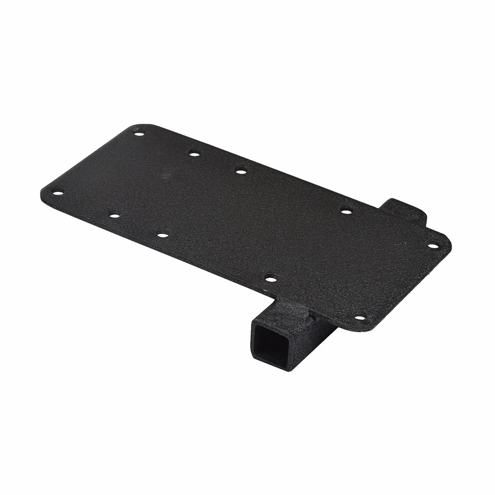 Elevating Leg Rest Bracket for PaceSaver Scout Boss 4.5, a black metal plate with multiple holes, designed for durable support and adaptable for both left and right sides of the power chair.