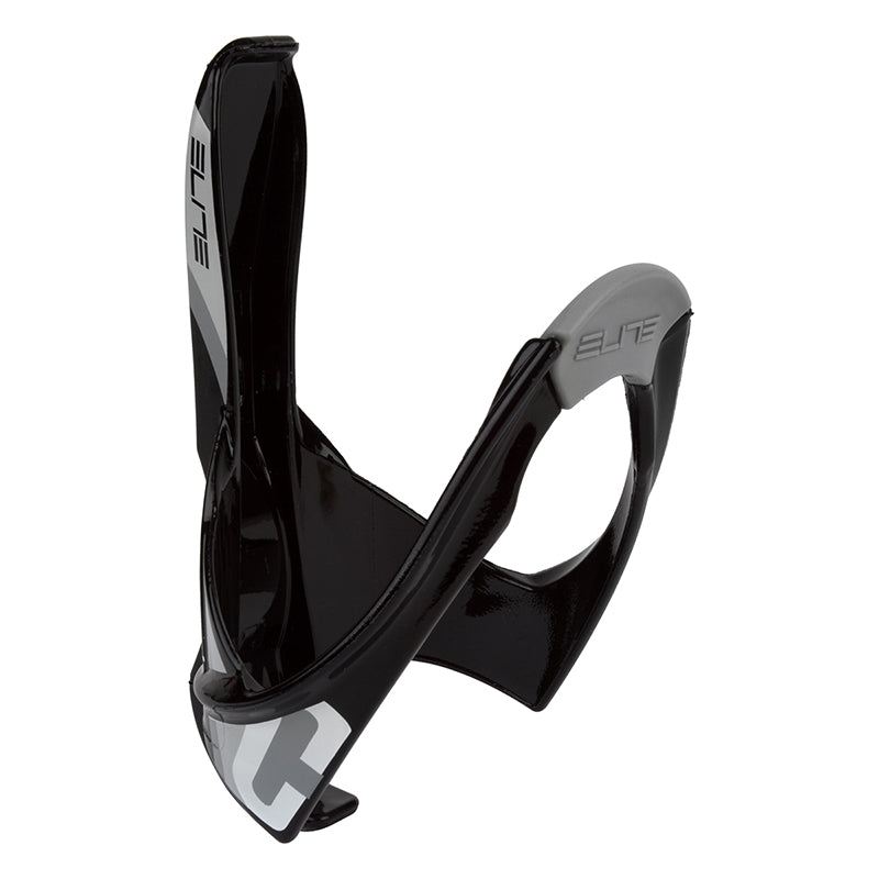 Elite Cannibal Carbon Bottle Cage with a matte black finish, featuring an innovative design for side and front bottle insertion or removal, compatible with all bike frames, ideal for sloping tubes or small sizes.