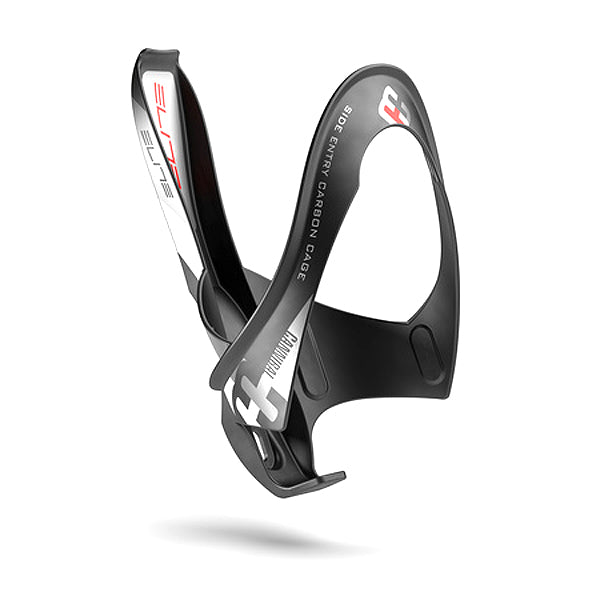 Elite Cannibal Carbon Bottle Cage with a matte black finish, showcasing an innovative design for side and front bottle insertion, suitable for all bike frames, including sloping tubes or small sizes.