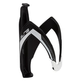 Gloss Black & White Elite Custom Race Bottle Cage with durable fibre-reinforced polyamide, featuring an adjustable elastomer rubber for bottle shape adaptation and vibration absorption, ideal for hard riding.