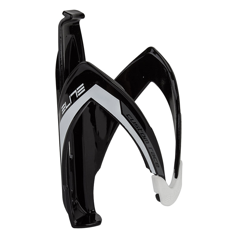 Gloss Black & White Elite Custom Race Bottle Cage attached to a bicycle frame, showcasing its durable fibre-reinforced polyamide construction and adjustable elastomer rubber for bottle stability and vibration absorption.