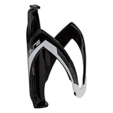 Gloss Black & White Elite Custom Race Bottle Cage attached to a bicycle frame, showcasing its durable fibre-reinforced polyamide construction and adjustable elastomer rubber for bottle stability and vibration absorption.