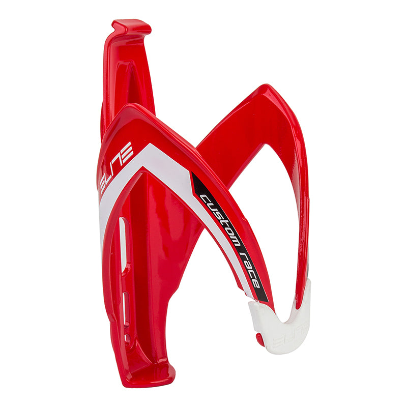 Gloss Black & White Elite Custom Race Bottle Cage mounted on a red and white bicycle, featuring fibre-reinforced polyamide construction and an adjustable elastomer rubber for bottle stability.