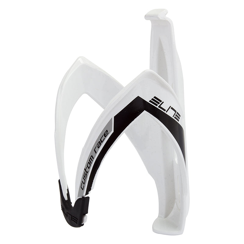 Gloss Black & White Elite Custom Race Bottle Cage, featuring an adjustable elastomer rubber and fibre-reinforced polyamide construction, shown in close-up detail.