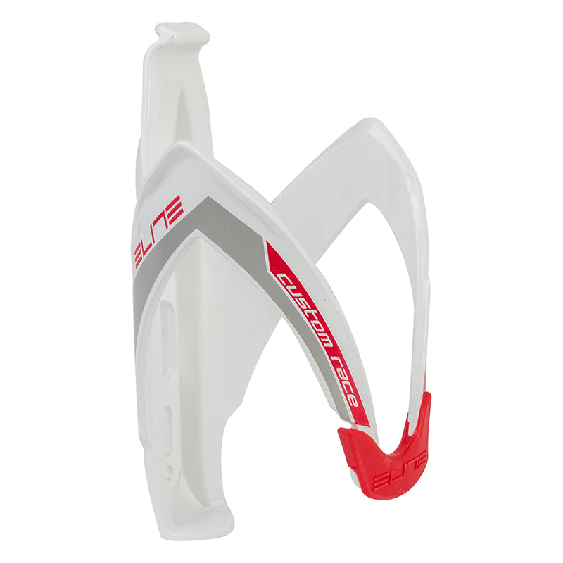 Gloss Black & White Elite Custom Race Bottle Cage, featuring a sleek design, fits snugly on a white and red bicycle frame. Made of durable fibre-reinforced polyamide with adjustable elastomer rubber for bottle stability.