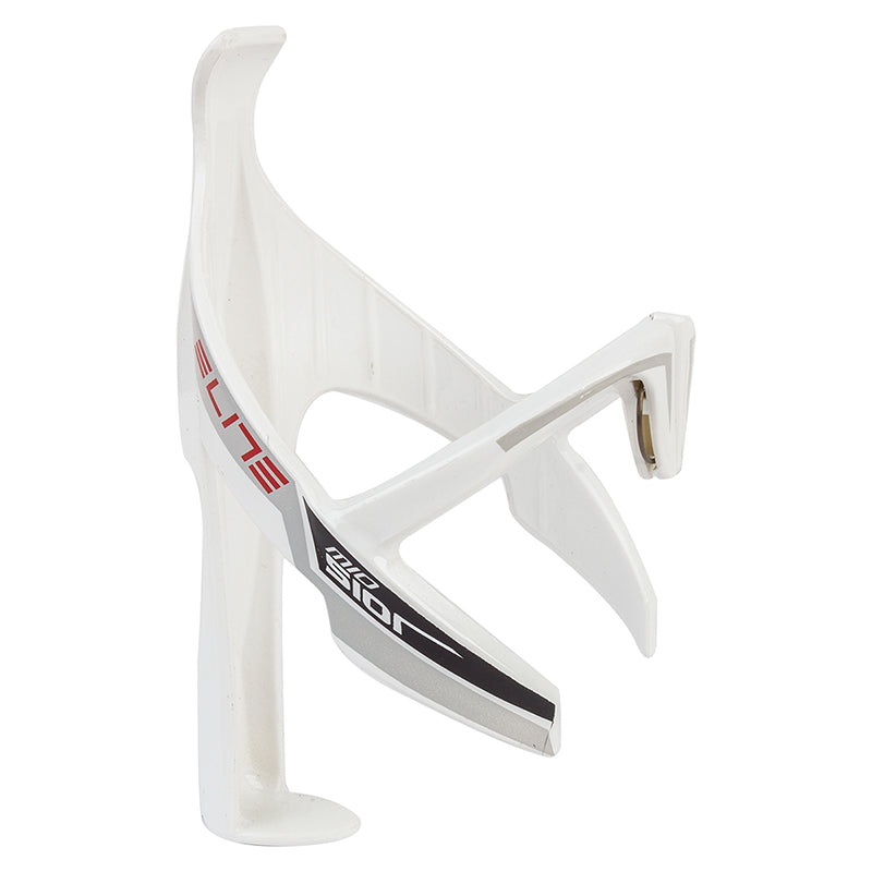 Elite Sior Mio Bottle Cage displayed in white, featuring a sleek design with red text, made from fiberglass-reinforced nylon for secure bottle retention on bicycles.