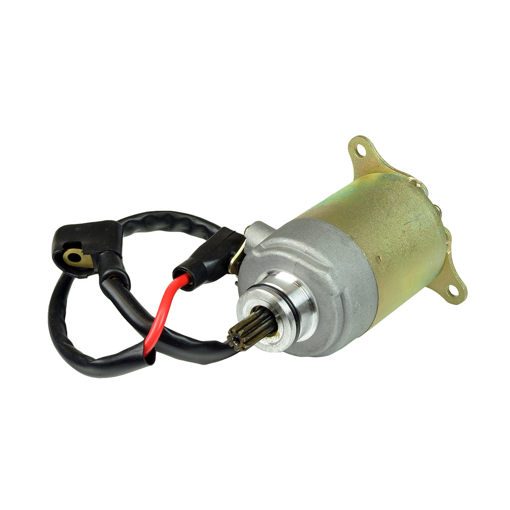 12 Volt Electric Starter Motor for 150cc GY6 Scooter Engines, featuring a small cylindrical motor with attached wires, ready to install for scooters, ATVs, and go-karts with GY6 engines.