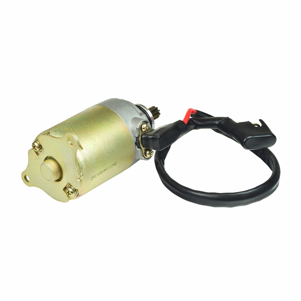 12 Volt Electric Starter Motor for the TaoTao Lancer 150 Scooter, featuring a close-up of the motor with an attached power cord and visible red handle.