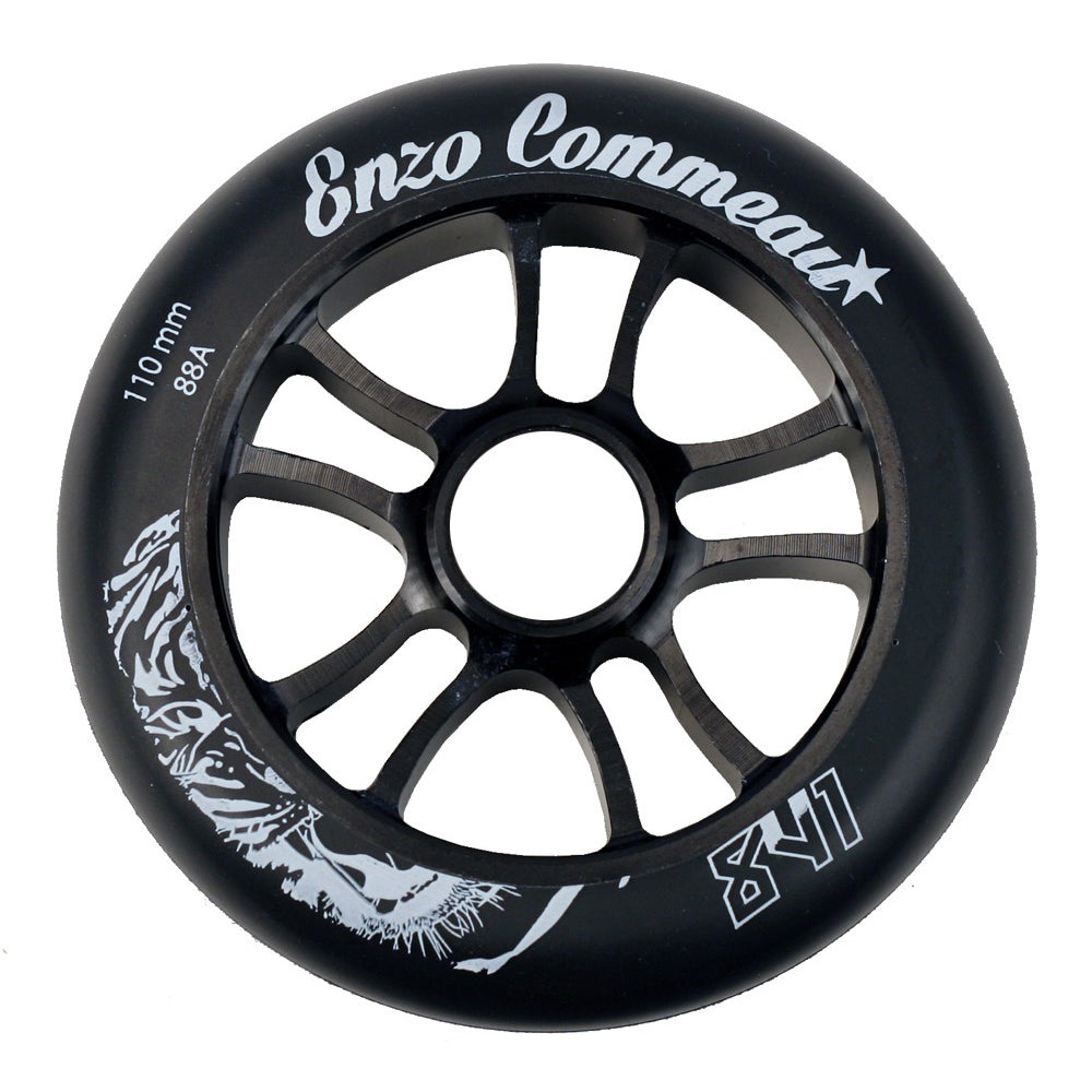 110 mm 841 Enzo Pro Scooter Wheel with white text on black, featuring high rebound polyurethane and 6061 T6 aluminum hubs. Ideal for advanced riders, sold individually without bearings.