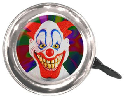 Swell Bell Chrome Bicycle & Scooter Bell featuring a clown face design on the bell's metal surface, blending fun and humor into a durable, noise-making device for bikes and scooters.