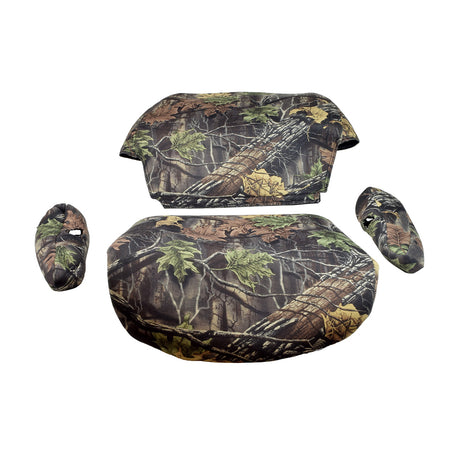 SuperFlauge® Camo Seat Cover Set for the eWheels EW-36 Scooter, featuring a camouflage pattern with leaves, includes a seat cushion cover, backrest cover, and two armrest covers.