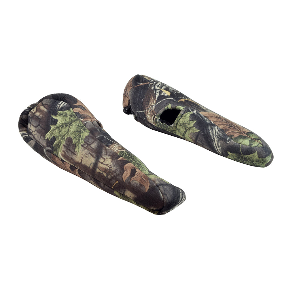 SuperFlauge® Camo Seat Cover Set for the eWheels EW-36 Scooter, featuring a camouflage pattern, includes seat, backrest, and armrest covers, displayed as a pair of camouflage slippers in the image.