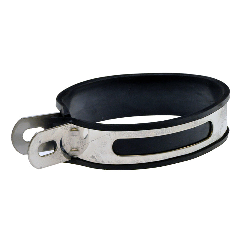 Exhaust Clamps with Rubber for 50cc - 150cc Oval Shaped Mufflers/Silencers, shown as a black and silver band with a buckle-like design, suitable for securing oval mufflers without scratches.