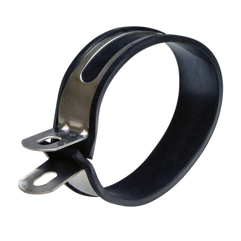 Exhaust Clamps with Rubber for 50cc - 150cc Oval Shaped Mufflers/Silencers, featuring a black and silver metal band, designed to provide a secure, scratch-free grip on various oval exhausts.