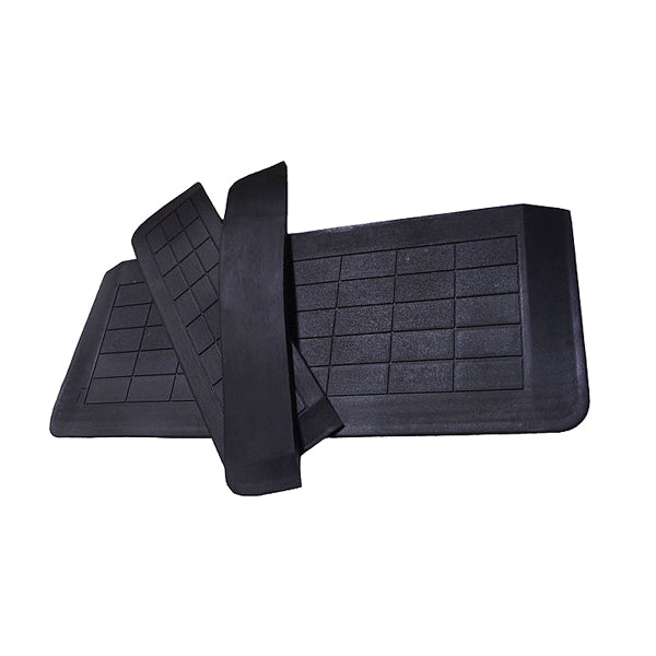 EZ Edge Threshold Ramps made of solid, slip-resistant black rubber, designed for mobility scooters and power chairs to overcome door thresholds, featuring sloped sides to prevent caster trapping.