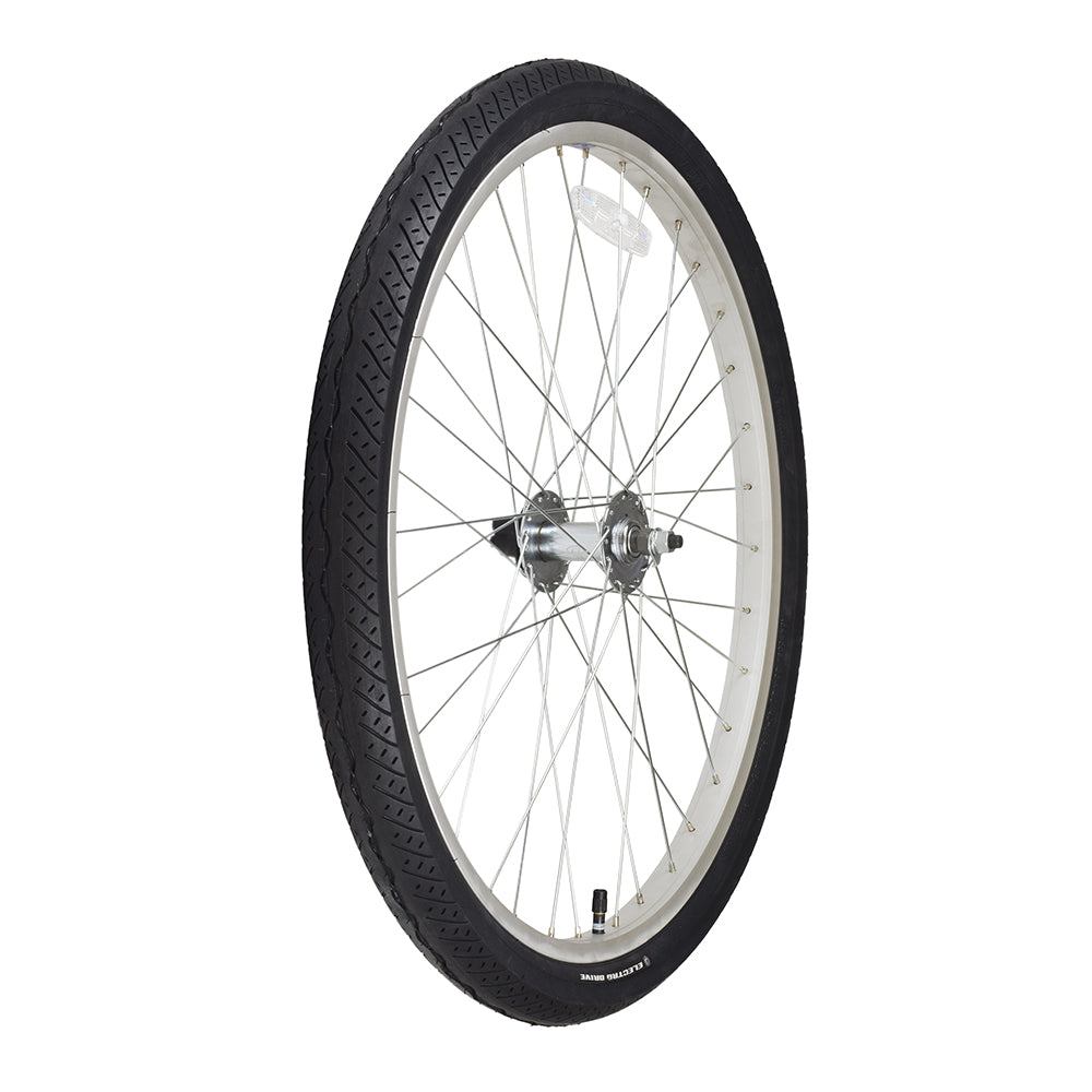 26 front wheel assembly for eZip and IZIP Mountain-Style Electric Bikes, featuring a white rim, spokes, and a durable tire, ideal for replacing damaged wheels on various compatible models.