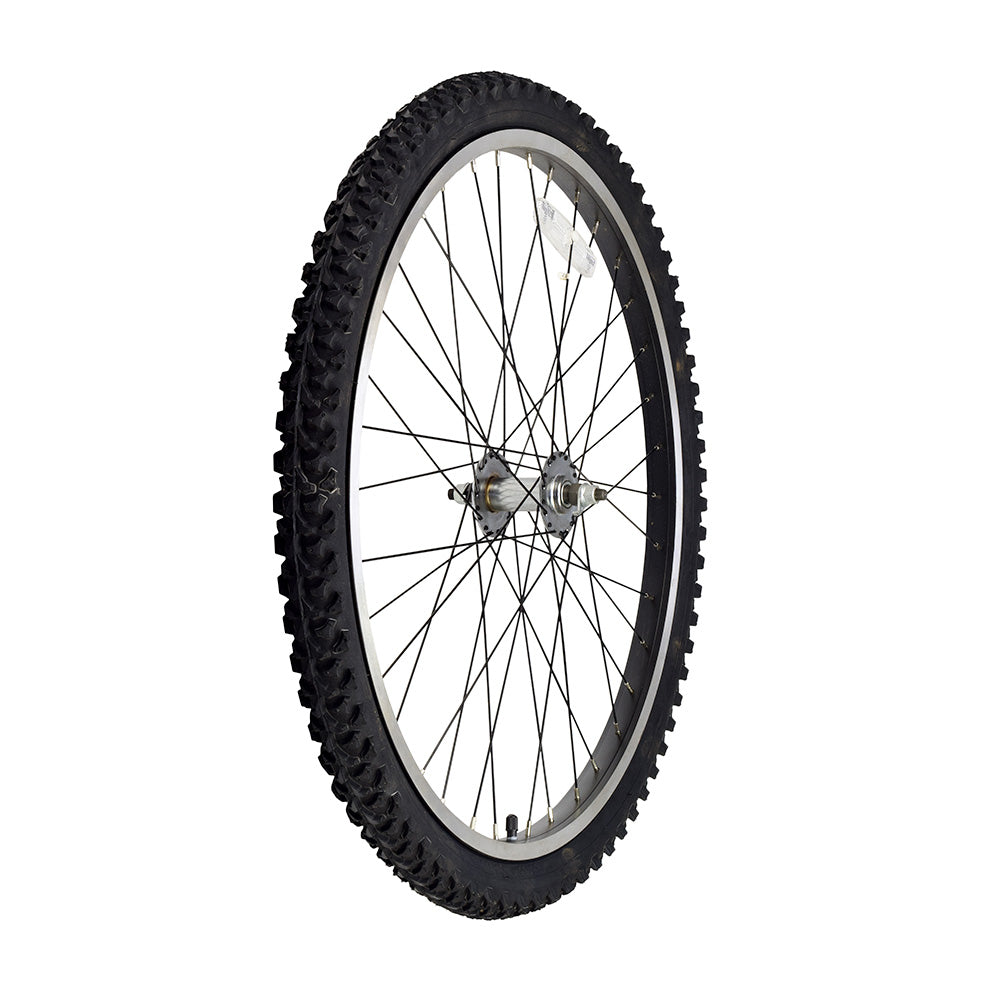 26 Front Wheel Assembly for the eZip & IZIP Mountain Trailz featuring lightweight alloy rims, spokes, and a knobby 26x1.95 tire, perfect for electric and standard bikes.