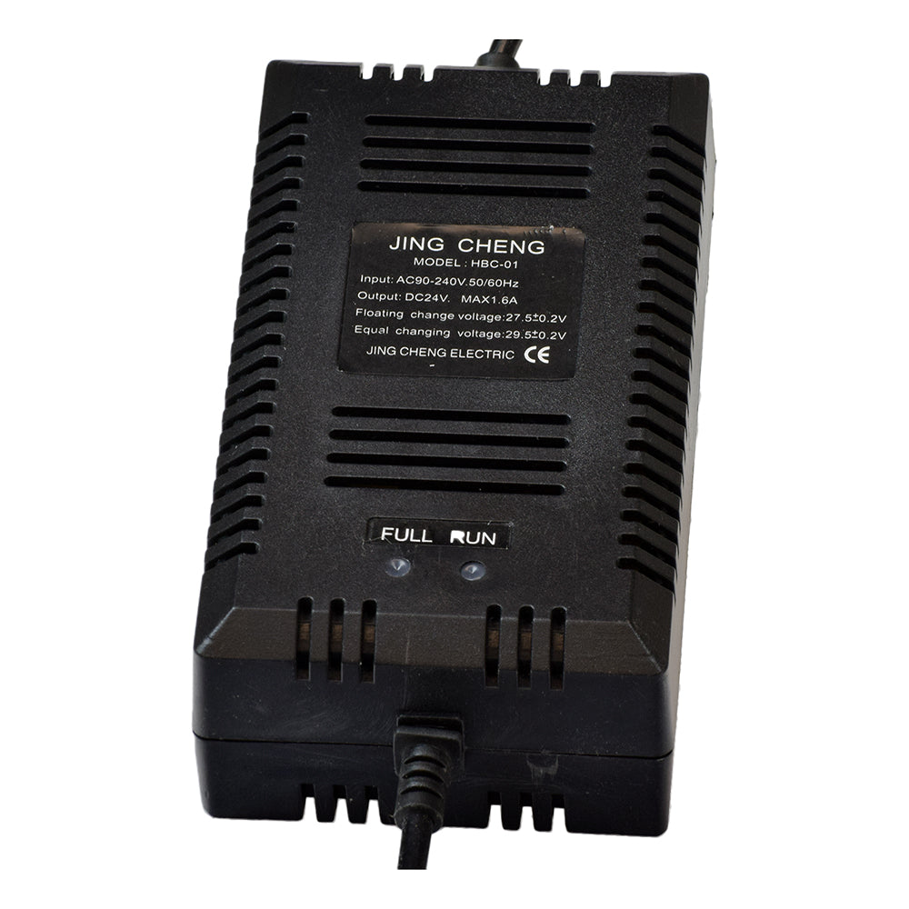 24 Volt 1.6 Amp XLR Battery Charger for eZip Electric Scooters (Standard), featuring a black electronic device with an attached cord and label, designed for 24-volt eZip scooters with multiple LED charge indicators.