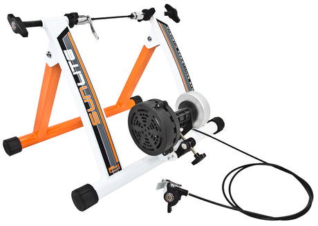 Forza F-1 Bicycle Resistance Trainer with Remote, featuring a sturdy steel frame and a magnetic resistance flywheel, designed for indoor cycling with easy handlebar resistance adjustment.