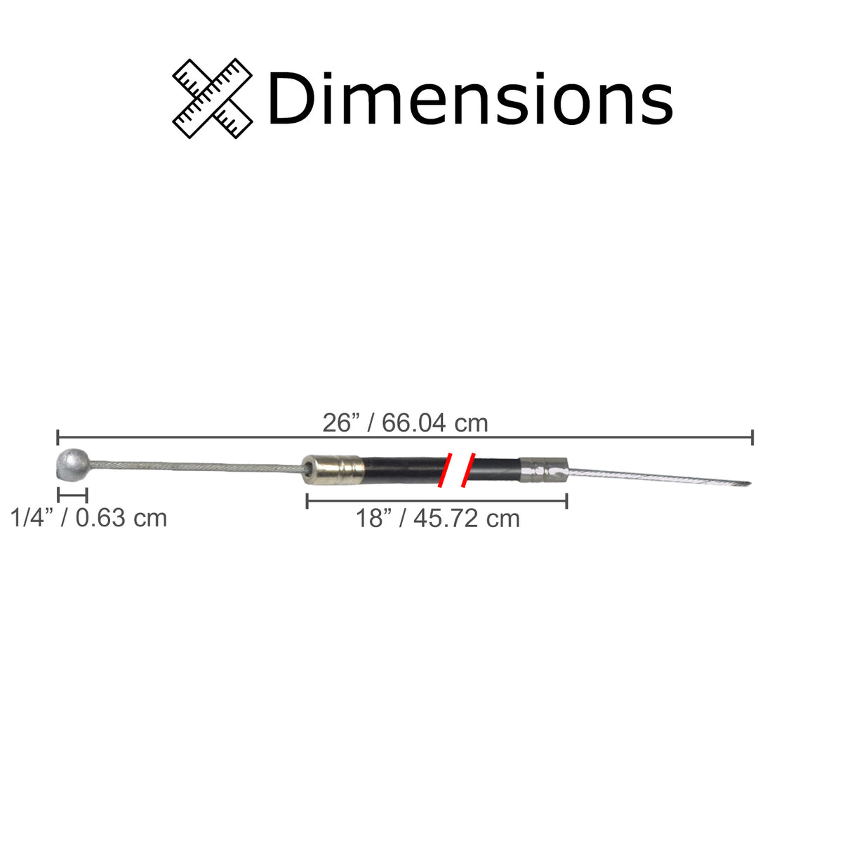 18 Scooter Brake Cable, featuring a black handle with a ball end, designed for various gas and electric scooters. Measurements span the black cable sleeve's length.