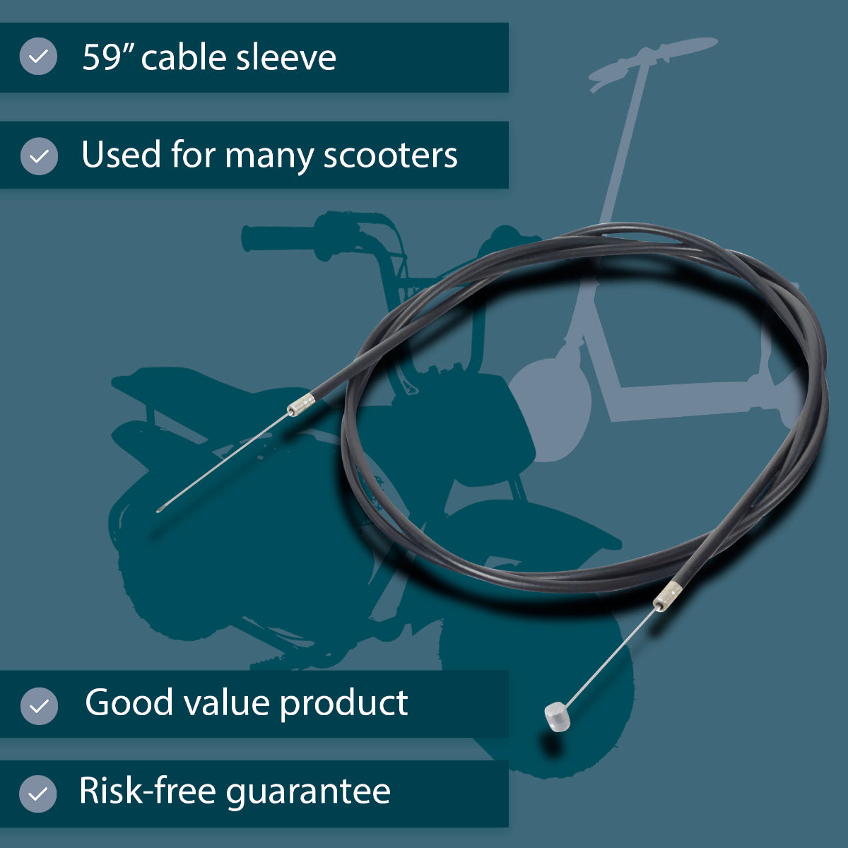 59 Scooter Brake Cable shown in close-up, highlighting its durable construction. Ideal for various gas and electric scooters, the cable is depicted coiled and ready for installation.