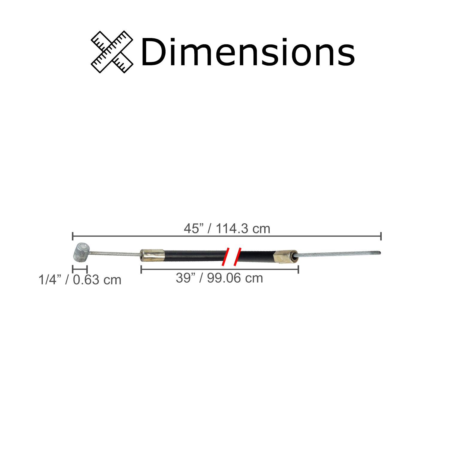 39 Scooter Brake Cable: A black cable with a metal rod, small ball, and attached hammer. Ideal for various gas and electric scooters, ensuring reliable braking with a slightly variable total length.