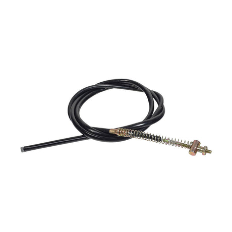 Brake Cable for the Baja Mini Bike MB165 & MB200 (Baja Heat, Mini Baja, Baja Warrior), featuring a black cable with a metal spring, replacement part suitable for all versions.