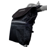 Removable Front Tiller Bag for Mobility Scooters shown attached to a bike handlebar, highlighting its black nylon material, ample storage space, and visible logo, perfect for replacing or adding scooter storage.