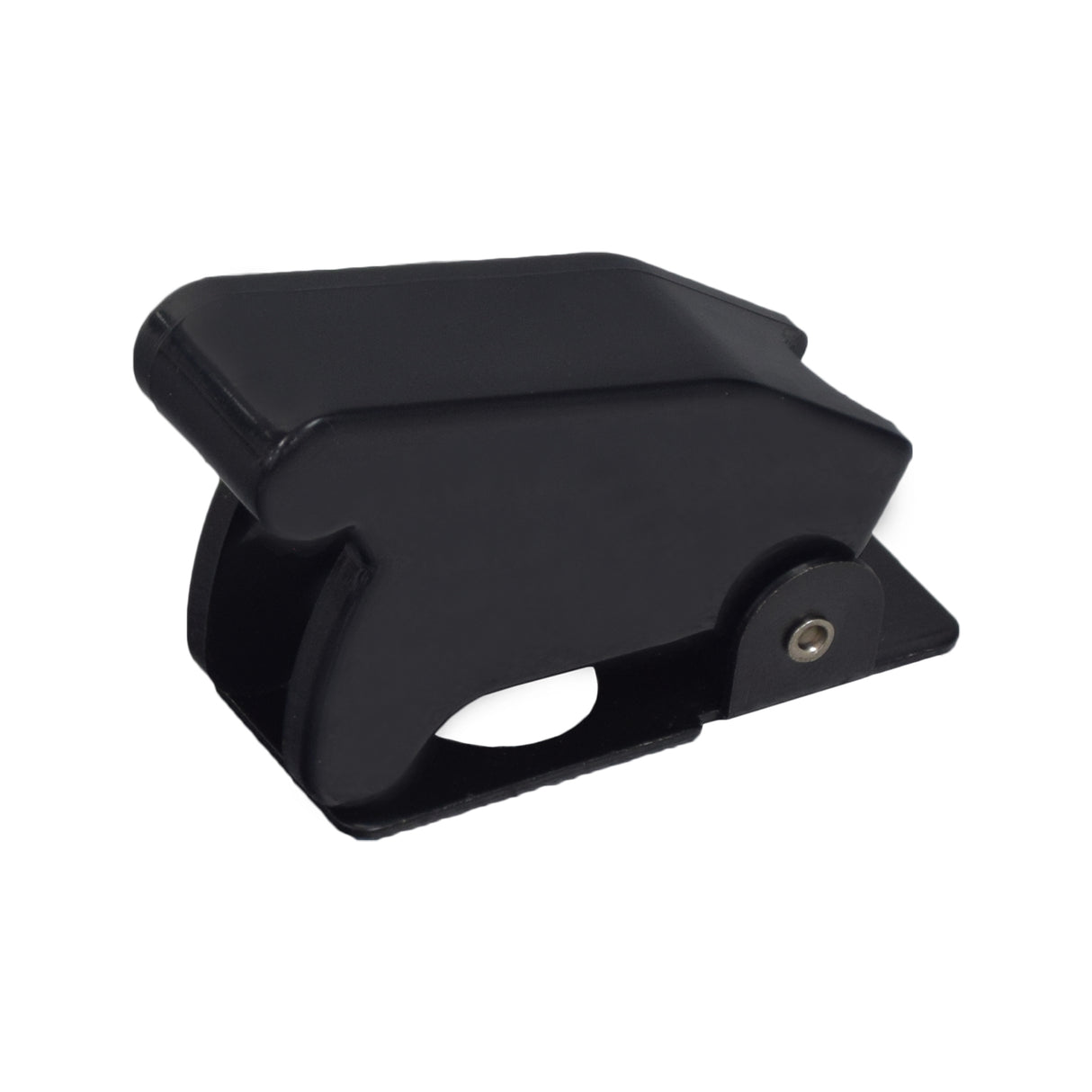 Black Toggle Switch Safety Cover for the Motovox MBxXSe Electric Mini Bike, featuring a black object with a white circle and a flip-up guard, designed to protect the switch from dirt and moisture.