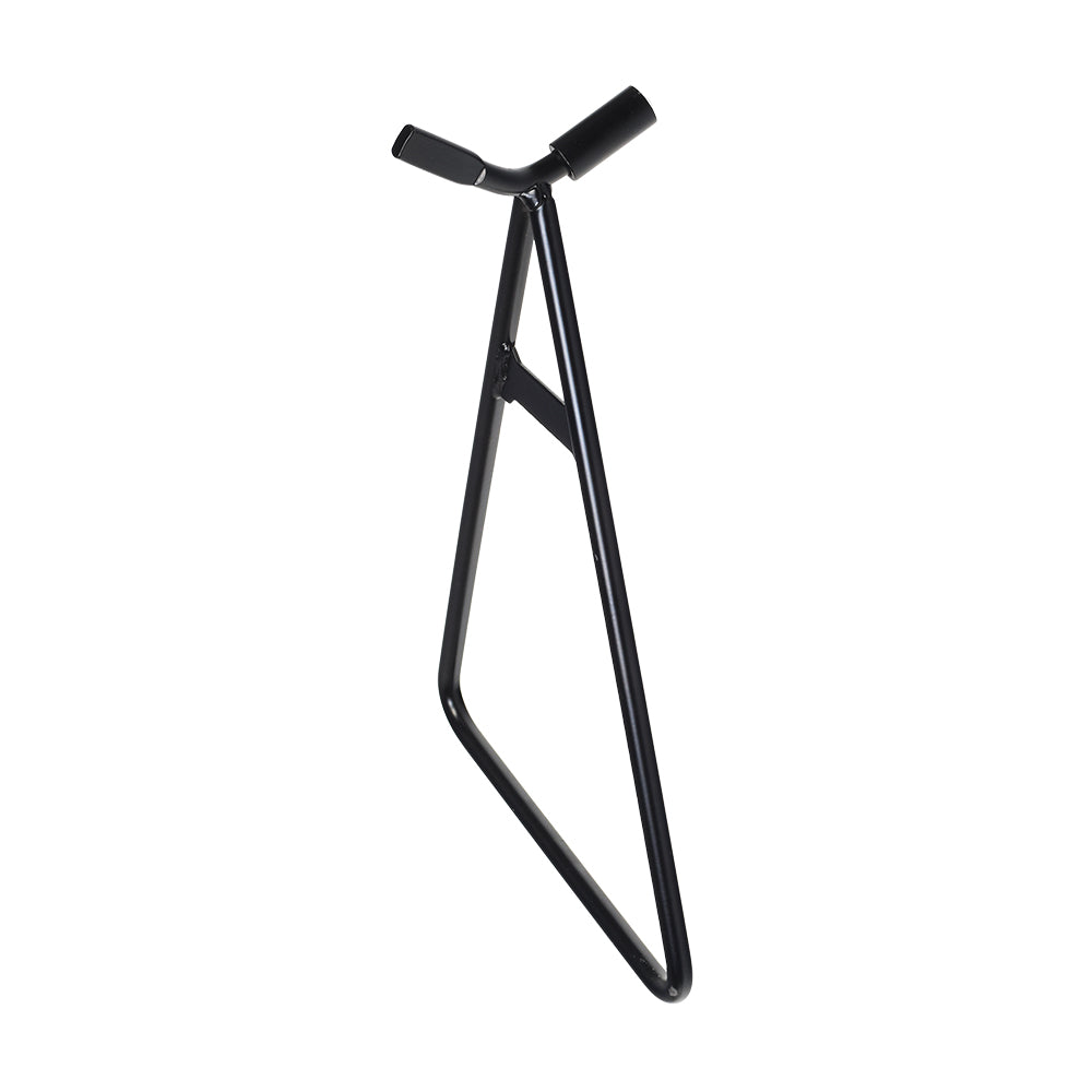 Universal Triangle Motorcycle & Dirt Bike Stand, a black metal stand with a triangular shape, designed to fit into the rear axle hole of bikes.