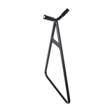 Universal Triangle Motorcycle & Dirt Bike Stand: a black, triangle-shaped, metal frame designed to fit into the rear axle hole, keeping your bike upright. No moving parts, compact, and made of sturdy welded steel.