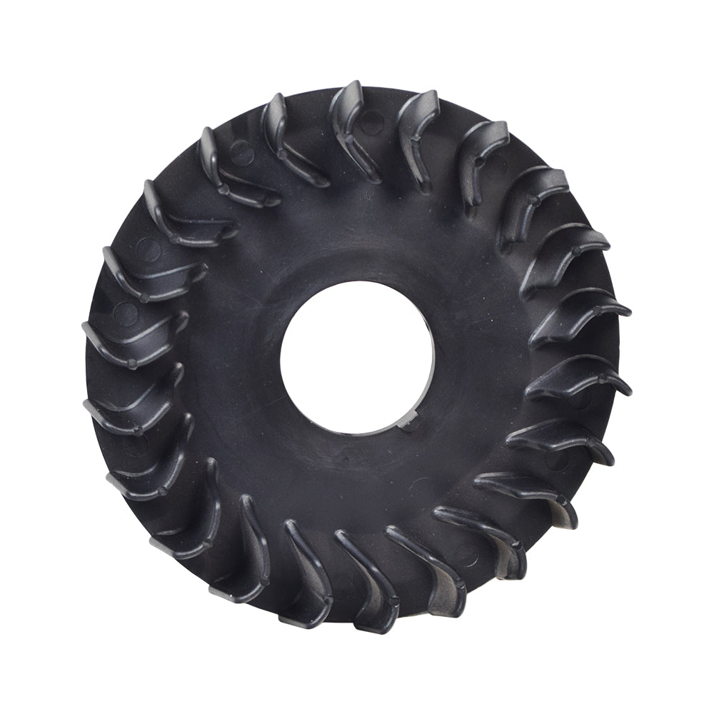 Impeller (Motor Fan) for Baja Doodle Bug (DB30R): a black circular metal component with a central hole, essential for cooling the mini bike's engine by moving air, part of the flywheel and pull start assembly.