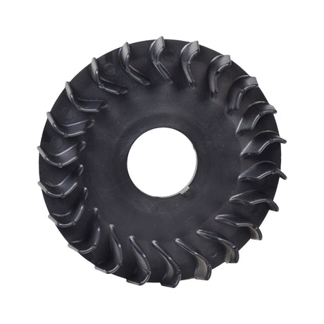 Impeller (Motor Fan) for Baja Doodle Bug (DB30R): a black circular metal component with a central hole, essential for cooling the mini bike's engine by moving air, part of the flywheel and pull start assembly.