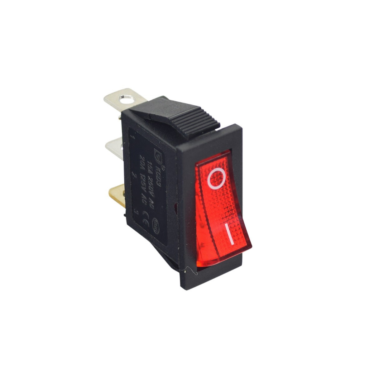 Red On/Off Switch for Electric Recreational Scooters & Go-Karts showing a close-up view with a red illuminated indicator and three 1/4 terminal connections on the backside housing.