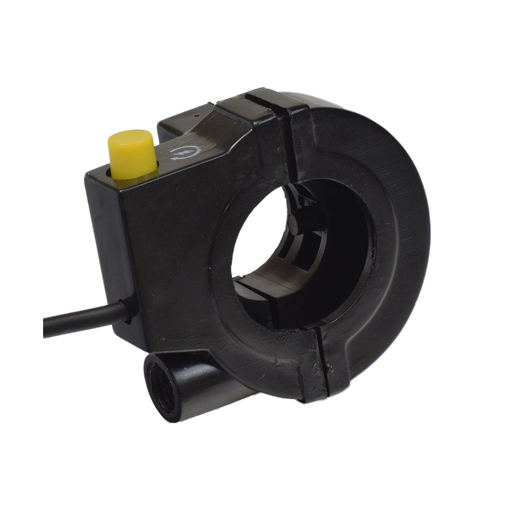 Gas Scooter Parts: Scooter Hand Throttle featuring a black device with a yellow button, handlebar grip, and integrated kill switch, ideal for gas scooters, pocket bikes, and mini choppers.