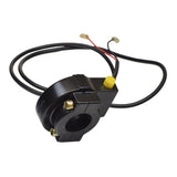 Universal Kill Switch and Throttle Cable Housing for Gas Scooter Engines, featuring a black device with wires and a yellow button, designed for throttle grip mounting and two-wire starter switch functionality.