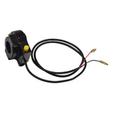 Universal Kill Switch and Throttle Cable Housing for Gas Scooter Engines, featuring a black device with a prominent yellow button and integrated wires for throttle grip mounting and starter switch functionality.